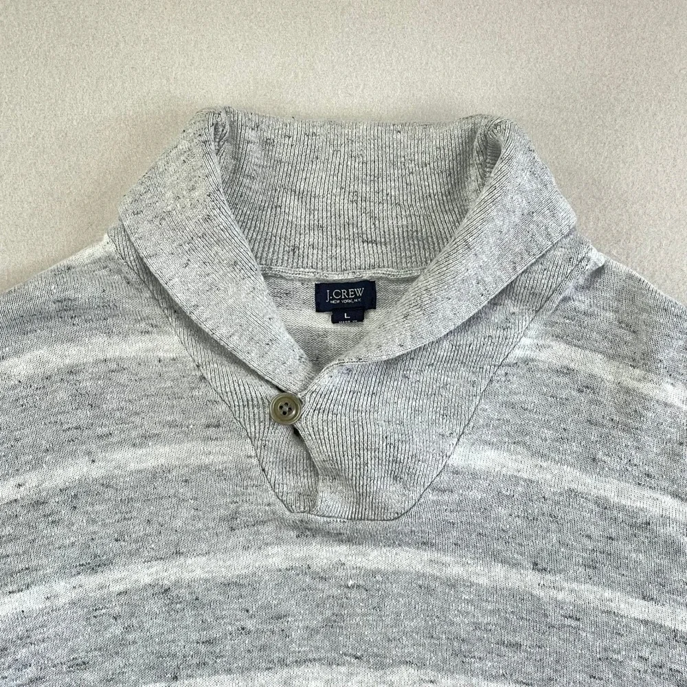 J.CREW Sweater Mens Large Grey Striped Heather Shawl Neck Pullover Cotton Preppy